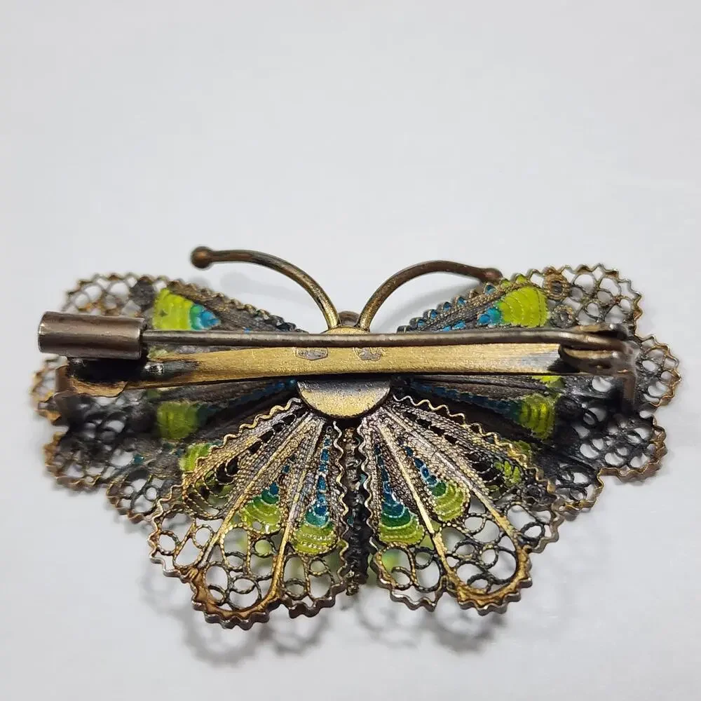 Vintage 800 Silver Butterfly Brooch Filigree Plique A Jour Enamel Blue Green
